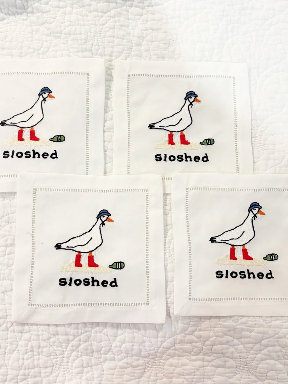 August Morgan Set of 4 Embroidered Sloshed Duck Cocktail Napkins NWT